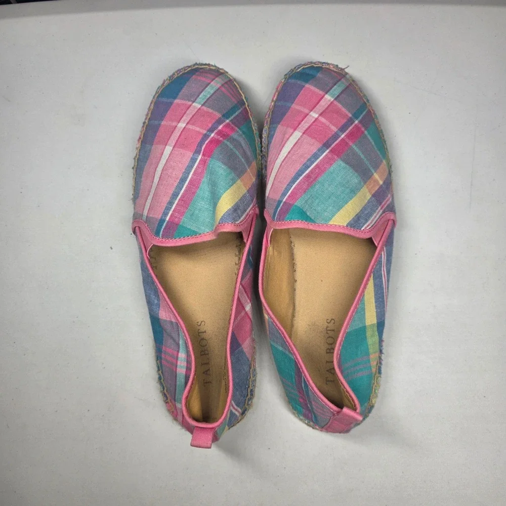 Talbots Womens Plaid Espadrille Flats Pink Blue Yellow Slip On Shoes Size 9.5M